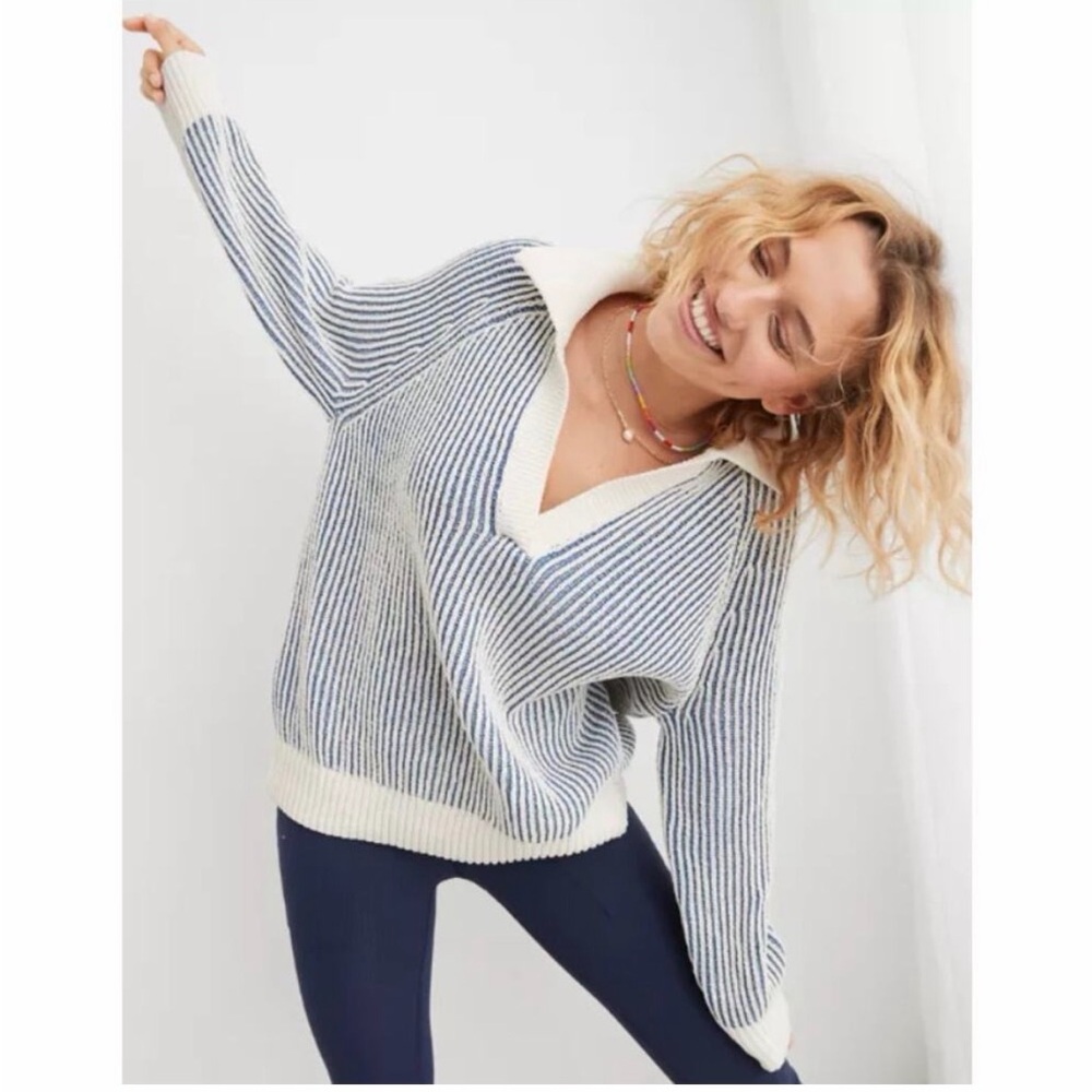 Aerie Sugar Rush Chenille Collared Stripe Sweater